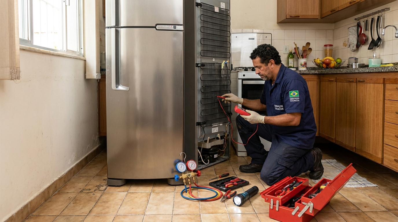 Técnico realizando manutenção de motor de geladeira em Fortaleza‑CE