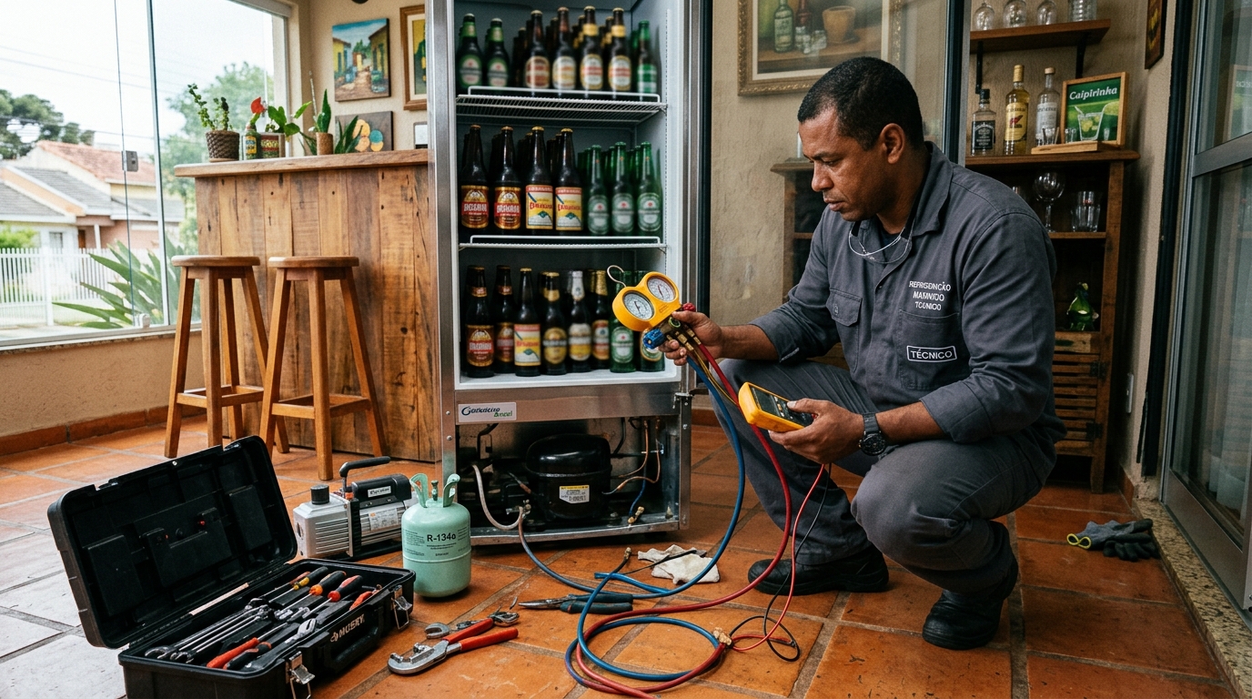 Técnico realizando manutenção de motor de cervejeira em Fortaleza‑CE