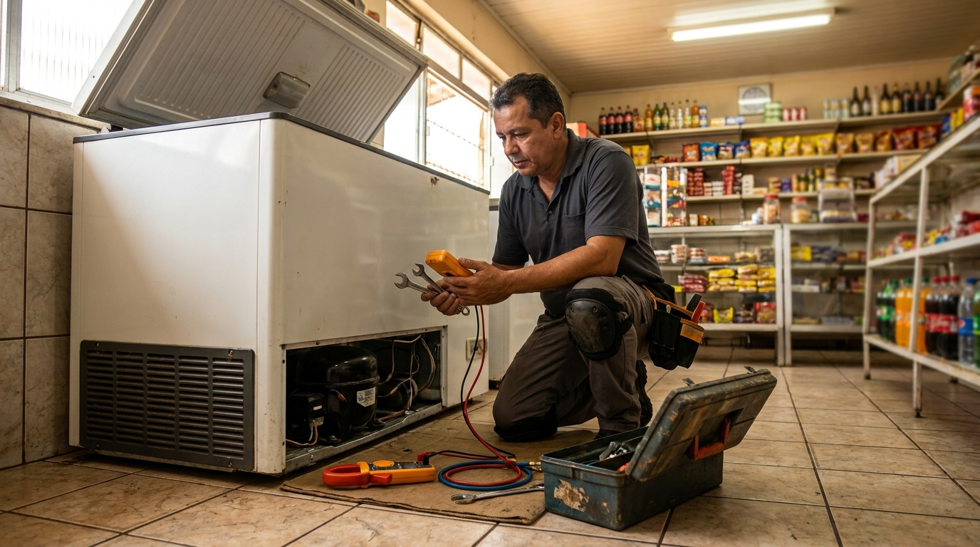 Técnico realizando manutenção de motor de freezer em Fortaleza‑CE